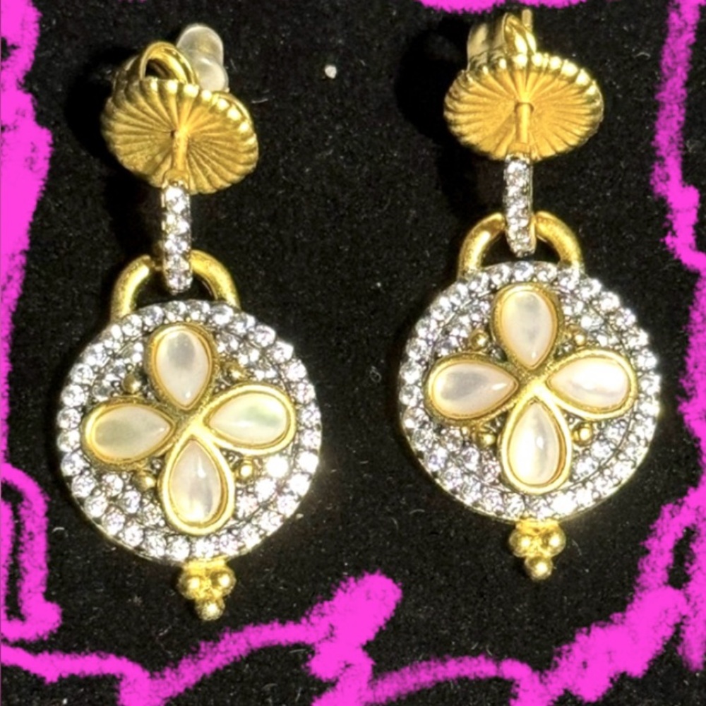Freida Rothman dangle rhinestone and MOP earrings, Dainty, Sterling 18k plated